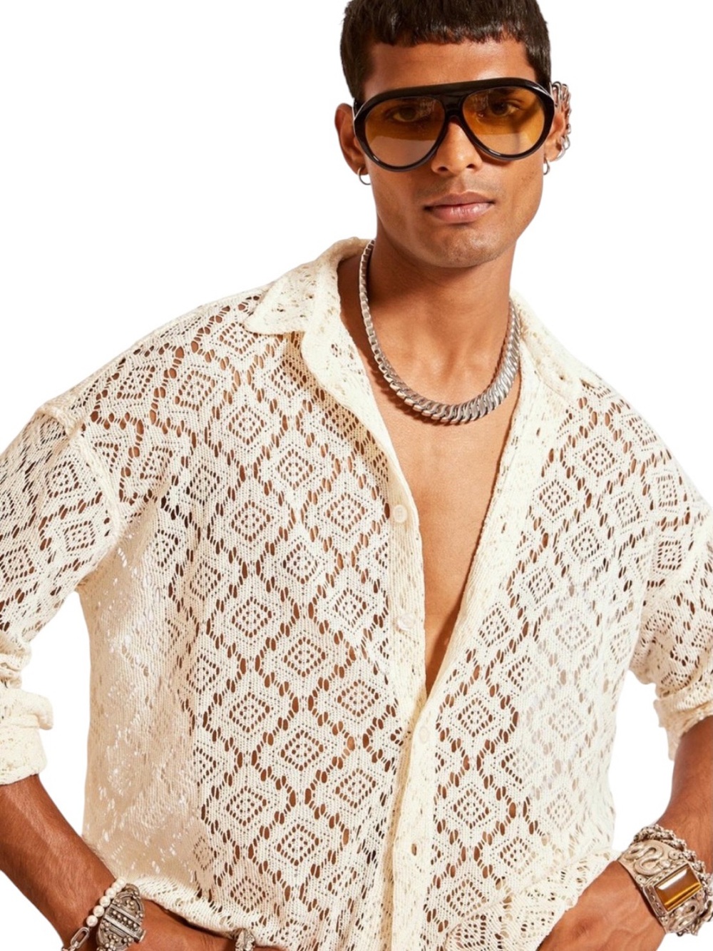 Men's Cream Crochet Lace Button-Down Shirt